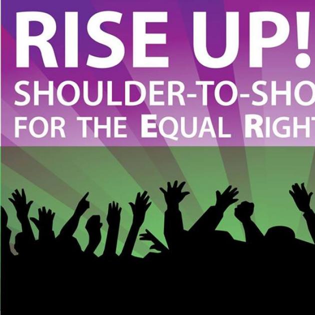 The words Rise Up! Should-to-shoulder equal rights amendment against a purple background and a silhouette of people below raising their hands and fists in the air