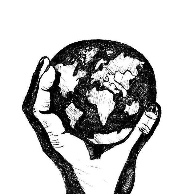 Black and white drawing of a hand holding the Earth