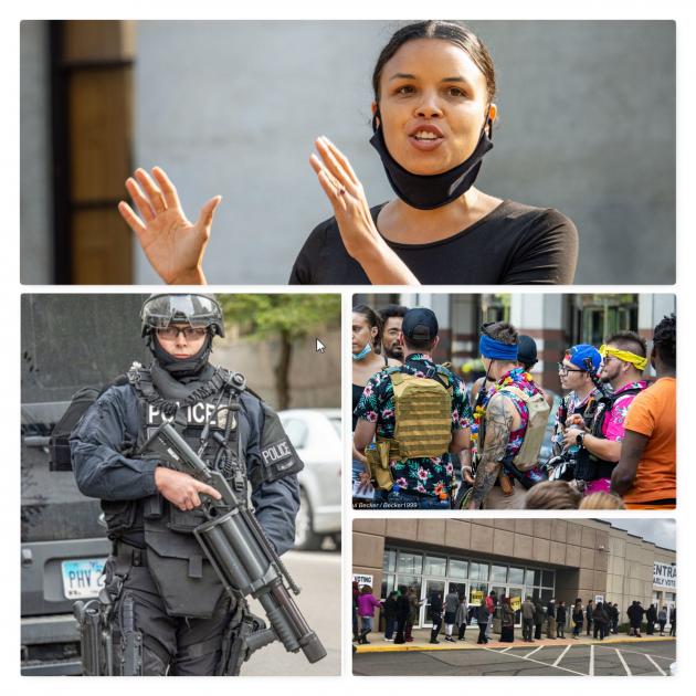 Collage of photos including a black woman talking, a guy with a rifle, people standing in line to vote and Boogaloo boys