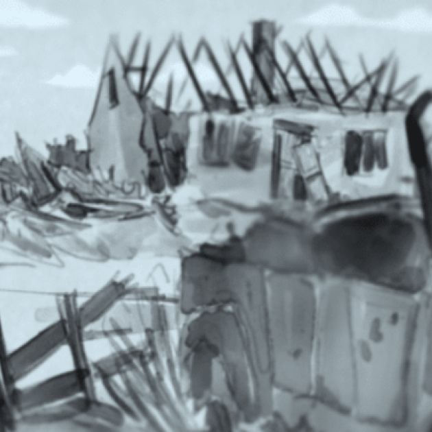 Woman next to bombed out buildings