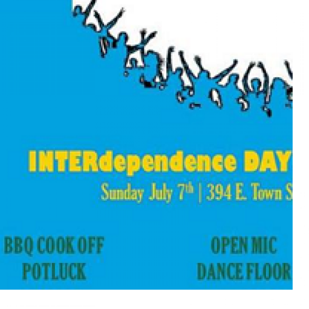 Blue background with words Interdependence day and details about event
