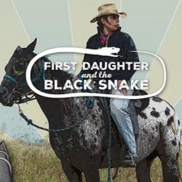 Cowby looking man in a wide brimmed beige hat on a horse with white background and black spots on its rear and the words First Daughter and the Black Snake