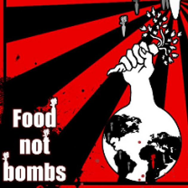 Red and black diagonal stripes in background, Earth with a fist holding a carrot, bombs reigning down and words Food Not Bombs