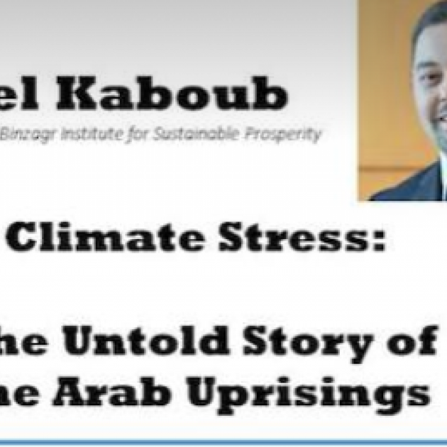 The Word Kaboub and half of a man's face, the words Climate Stress and the words The Untold Story of the Arab Uprisings