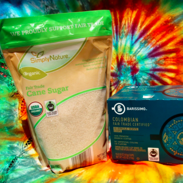 Pictures of a bag of health sugar and certified organic food against a bright colorful tie-dyed background