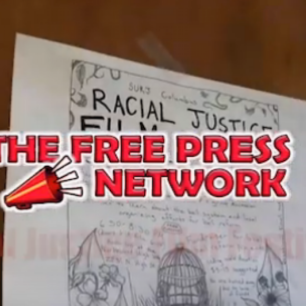 Newspaper saying Racial Justice and the words Free Press Network on top in red with a red bullhorn