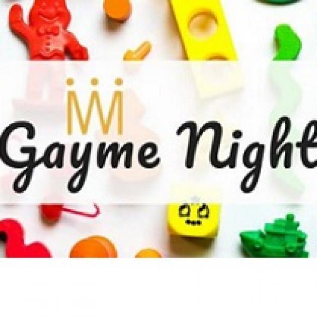 Colorful toys in the background and words in script in front Gayme Night