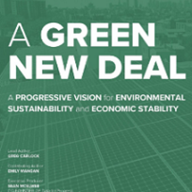 Bluish green background and words A Green New Deal with more details