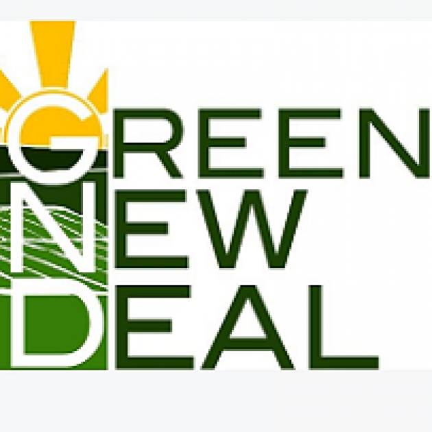 Words Green New Deal with a logo sun rays and solar panels