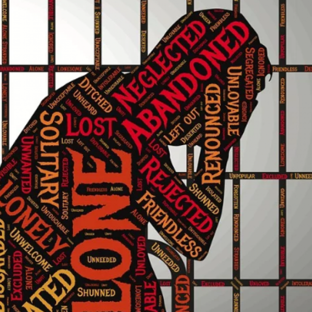 Person in jail iwith words Abandoned, neglected, alone, solitary, friendless, lonely etc.