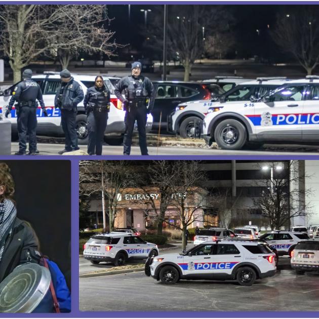 Police cars and officers at protest