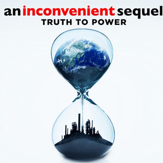 An hourglass with a skyline at the bottom and a mountain in the top with the words an Inconvenient sequel truth to power