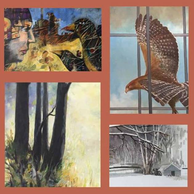 Four paintings one in each corner of a rust colored square, pictured are birds and a scene with snow and a house underneath trees