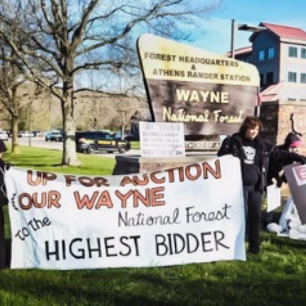 People holding banner outside of Wayne National Forest saying Up for Auction Our Wayne National Forest to the Highest Bidder