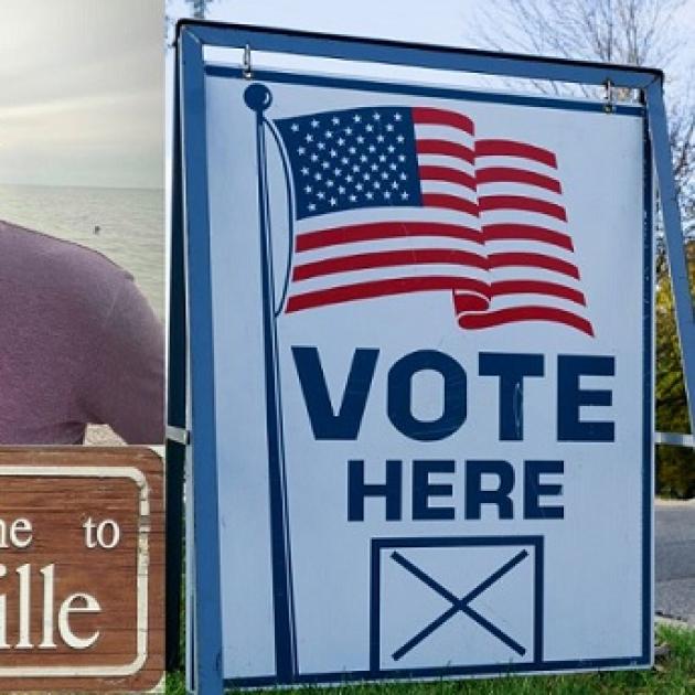 Will Klatt and wife, Clintonville sign and Vote Here sign