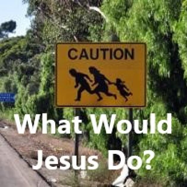 A yellow street sign that shows a family running across a street and the words CAUTION against trees and the words below What Would Jesus Do?