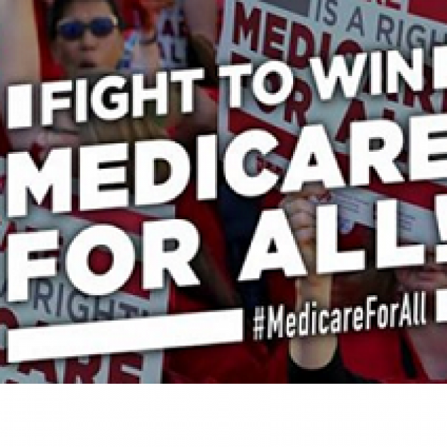People in the background with picket signs and words Fight to Win Medicare for all