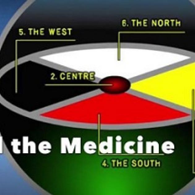 An oval with four sections, red, white, yellow and black and words pointing out the north in white, the west in black and the centre, a red circle and the south in red. At the bottom, the bottom half of a circle and words The Medicine