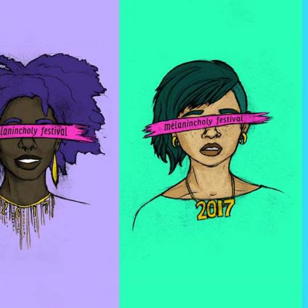 Art of women's heads with pink ribbons over their eyes that say Melanincholia Festival