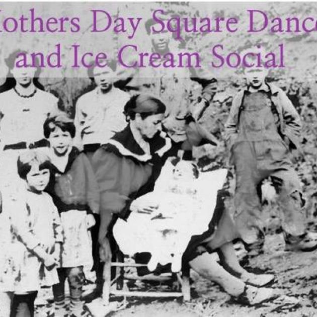Old fashioned photo of woman surrounded by kids and words Mother's Day Dance and Ice Cream Social