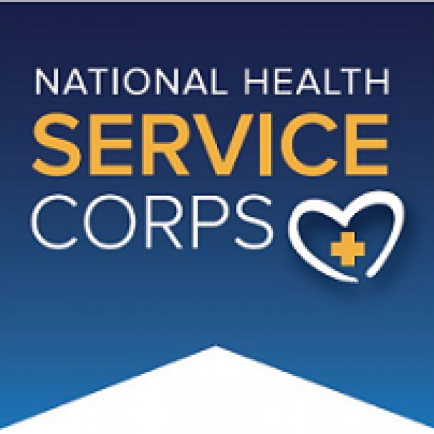 Blue background with words National Health Service Corps and a logo of a heart with a plus sign inside