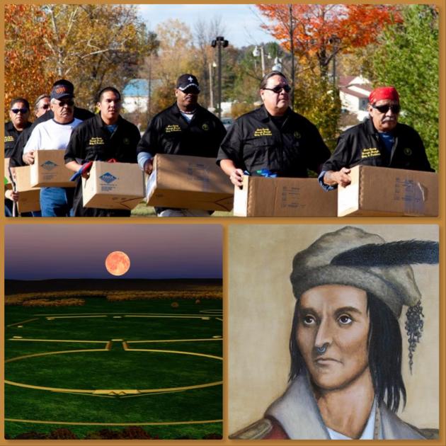 Mounds, people holding boxes, a Native American face