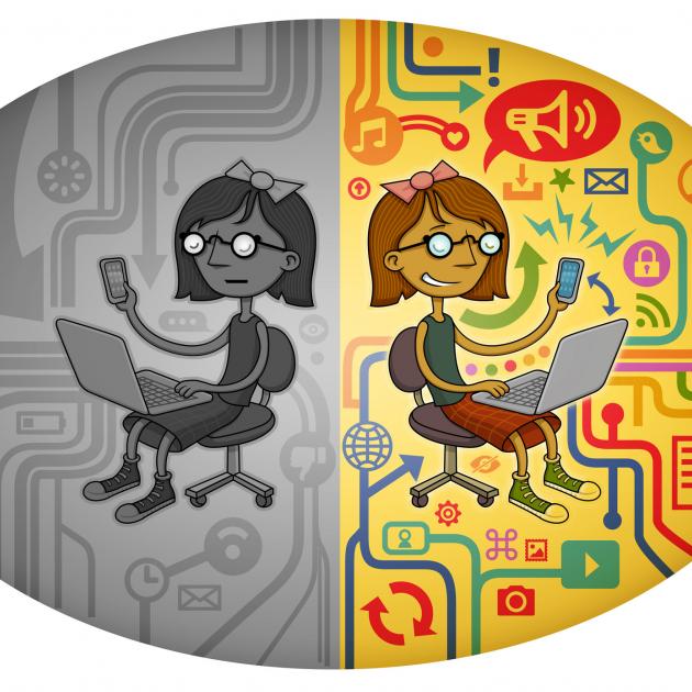 Cartoon of girl black/white on one side and on color on a computer surrounded by technical symbols