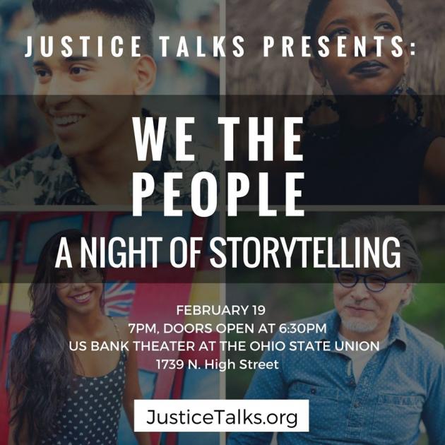 Squares on a page with photos of people and words "We the People A Night of Storytelling"