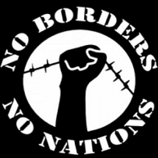A fist holding up a barbed wire fence in the middle of words in a circle No borders no nations