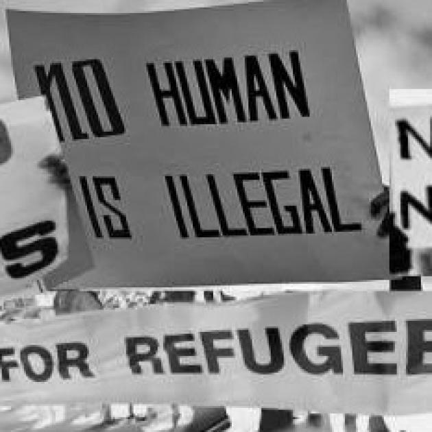 Signs at a rally one saying No Human is Illegal
