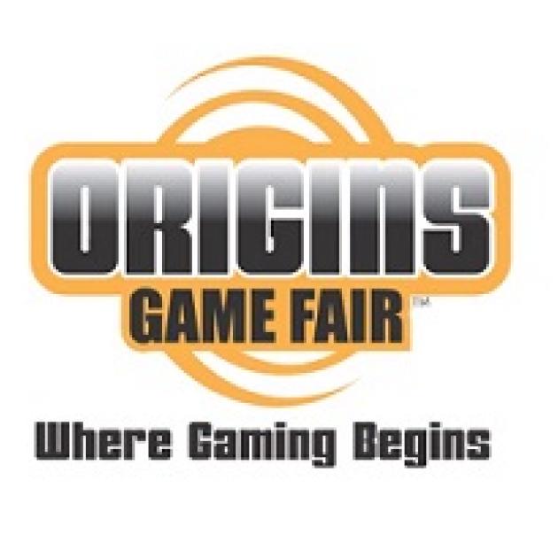 Words Origins Game Fair in a logo with orange circles around it and at bottom words Where Gaming Begins