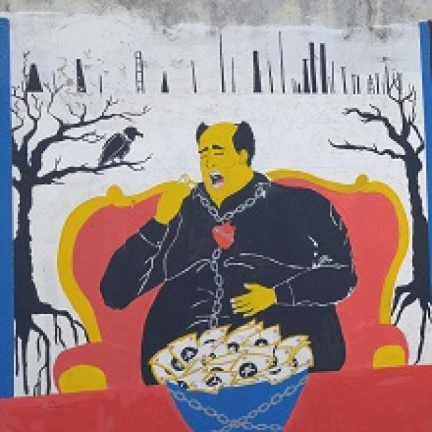 Painting of a large man in a black robe-like shirt sitting in a big red chair with gold edges against a white background with trees