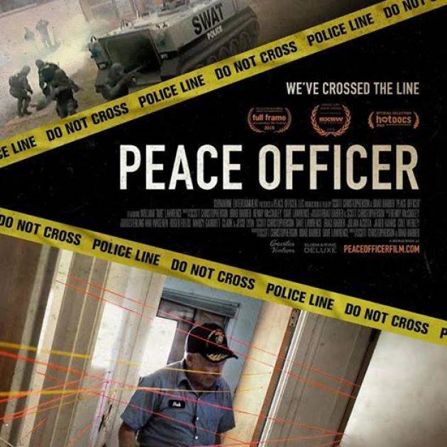 Film poster with word Peace Officer and photos, one of a SWAT team and one of a cop