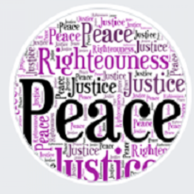 Lots of words grouped together with the word Peace large and center in black and the purple words righteousness, justice