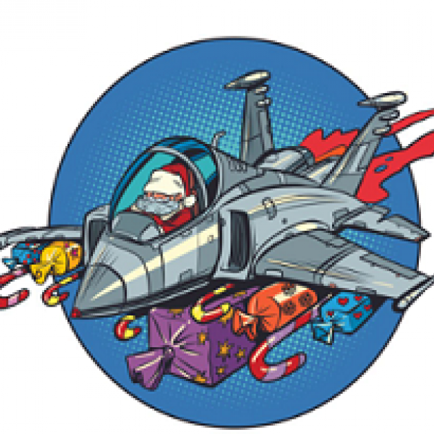 Cartoon of B1 bomber like a Santa Sleigh