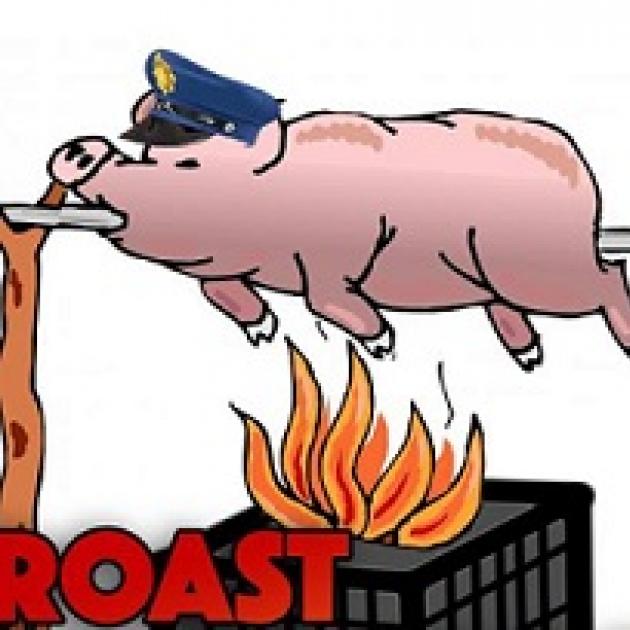 Cartoon pink pig on a roaster with a police hat on, fire below and word Roast