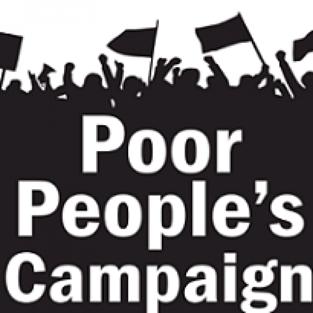 Words Poor People's Campaign and silhouette of people waving flags and fists in air