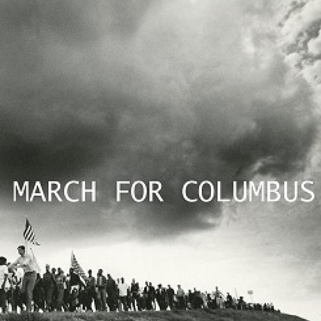 Dark cloud over hill with people marching with flag all in black and white with words March for Columbus