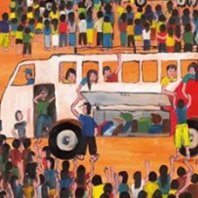 Colorful drawing of a white van and lots of people gathered around it