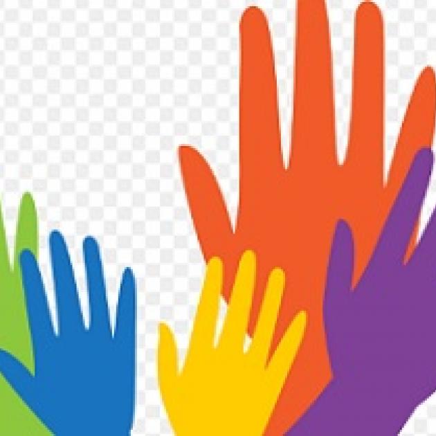 Green, blue, yellow red and purple hands reaching up