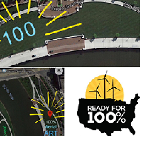 Three squares, one at bottom right with a black map of the U.S. and windmills at top with words Ready for 100% and two other squares one bottom right and one top with views of the river from above