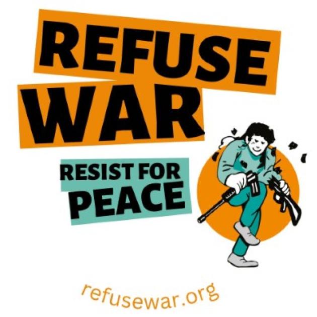 Refuse War, resist for peace and man breaking a gun in half