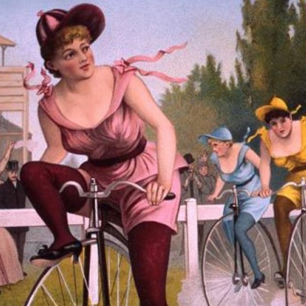Old fashioned art of woman riding a bike with a huge front wheel and small back wheel