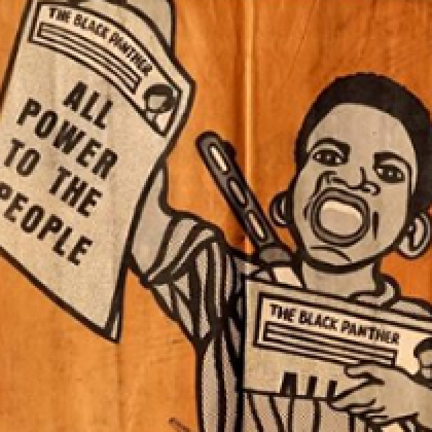 Drawing of blackwoman holding newspapers saying All Power to the People