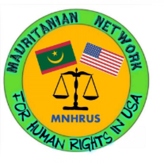 Circle logo yellow in middle green around edge words Mauritanian Network for human rights in USA and in themiddle a Mauritanian flag and US flag and scale 