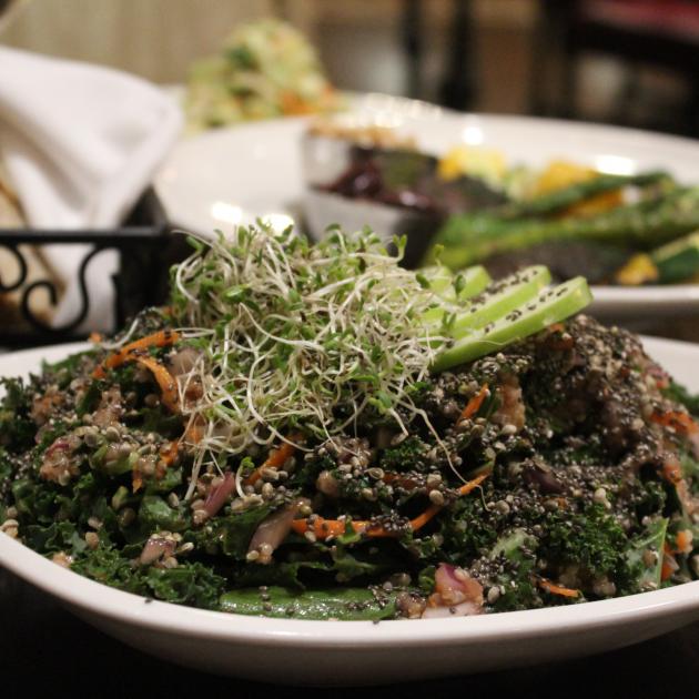 The “Good Good Salad” (front center), grilled vegetables (background) 