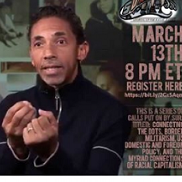 Black man speaking and making hand gestures next to details about the event