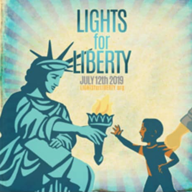 Drawing of a statue of liberty bending down to hand her torch to s small boy as a hand is grabbing the boy and pulling him away and the words Lights for Liberty