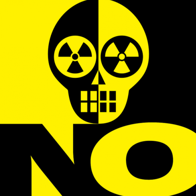 Skull with radioactive symbols for eyes and the word NO