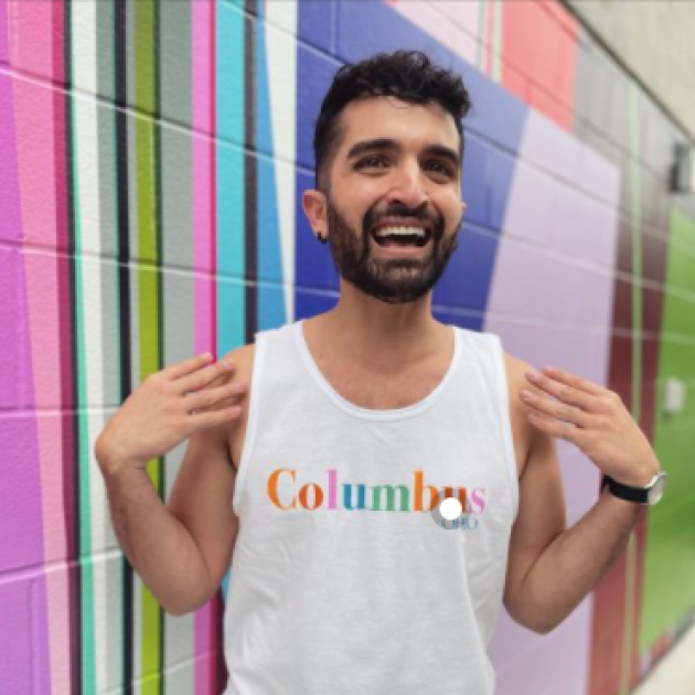 Guy wearing Columbus Pride T-shirt